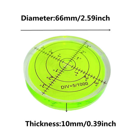 66mm Circular Bubble Spirit Level With Degree Marked Surface, Round Acrylic Level Tool For Precise Layouts And Measuring, Non Sticky 10mm Thick, 2.59 Inch Diameter.