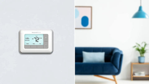 7 Day Flexible Programmable Thermostat With Extra Large Backlit Display White installed on wall in modern living room