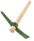 Steel Garden Pickaxe With Wooden Handle For Weeding And Soil Cultivation; green steel blade with light wooden handle.