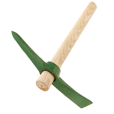 Steel Garden Pickaxe With Wooden Handle For Weeding And Soil Cultivation; green steel blade with light wooden handle.