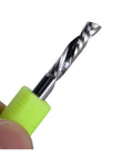 Heavy Duty Single Flute Carbide CNC Router Bit Built Like A Tank For Killer Wood Slotting Engraving And Slick Edge Forming Delivering Kick Butt Performance On Door And Window Hinge Recess Projects, showcasing single flute design.