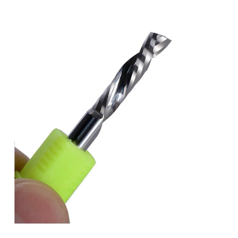 Heavy Duty Single Flute Carbide CNC Router Bit Built Like A Tank For Killer Wood Slotting Engraving And Slick Edge Forming Delivering Kick Butt Performance On Door And Window Hinge Recess Projects, showcasing single flute design.