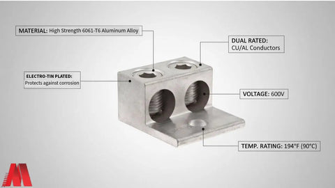 Beefy Aluminum Mechanical Lugs For Two Conductors One Hole Mount 350 MCM Capacity No 6 AWG Bulk Box 6061T6 Connectors