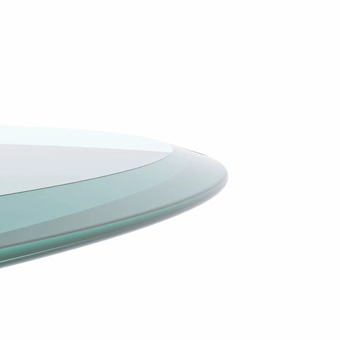 Close-up of 32 Inch Round Tempered Glass Lazy Susan Turntable with beveled edge, ideal for dining and home office use.