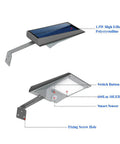 Product image of solar-powered LED security light with polycrystalline panel, switch button, smart sensor, fixing screw hole.