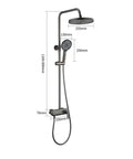 Piano Key Shower System Wall Mounted Exposed Gun Gray 3 in 1 with rain shower, hand shower and dimensions in mm.