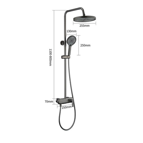 Piano Key Shower System Wall Mounted Exposed Gun Gray 3 in 1 with rain shower, hand shower and dimensions in mm.