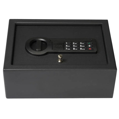 Slick Hidden Drawer Safe With Electronic Lock And Backup Key For Desk Or Nightstand with keypad and solid steel construction.