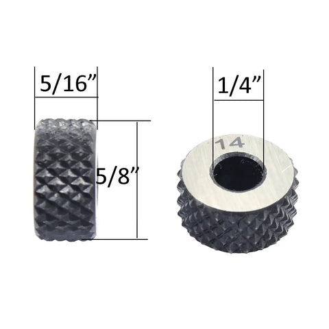 Two Piece Five Eighths Inch Diamond Pattern Knurling Wheel Set With Medium Pitch For Metalworking, top and side view