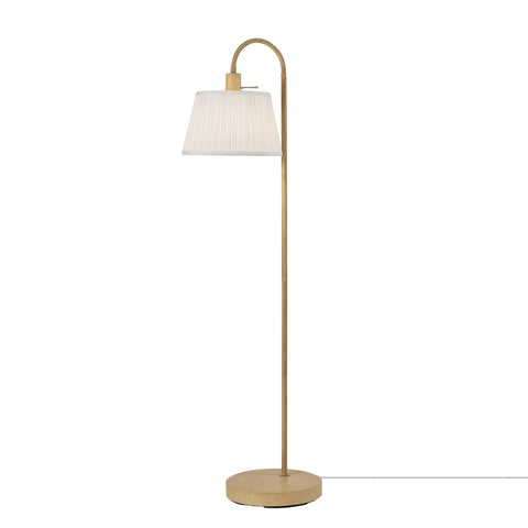52 Inch Floor Lamp With Faux Wood Finish And White Pattern Shade Japandi Style Adjustable Arm On Off Rotary Switch Socket