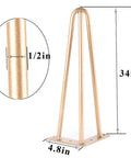 34 Inch Hairpin Table Legs Set With 0.5 Inch Diameter Three Rods, Heavy Duty Gold Metal Furniture Legs, dimension illustration