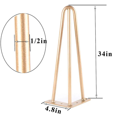 34 Inch Hairpin Table Legs Set With 0.5 Inch Diameter Three Rods, Heavy Duty Gold Metal Furniture Legs, dimension illustration