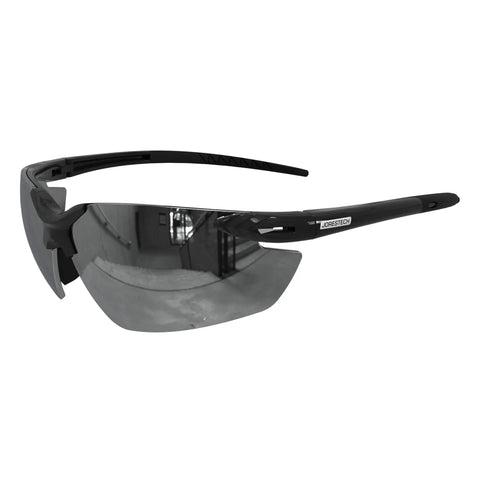 Impact Resistant Safety Eyewear With Mirror Lenses For Work, ANSI Z87 Plus Rated, black frame, side view