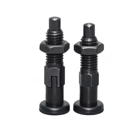 Dead Easy Stainless Steel 304 Index Plunger With Pull Ring And Lock Nut Screw Quick Acting Lock Pins Fits M6 M8 M10 M12 M16 Top Shelf Hardware Built To Take A Beating Daily, showing two black locking pins.