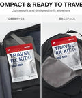 SurviveX Travel Medicine Kit in red-and-white pouch, TSA-approved, shown in carry-on and backpack views