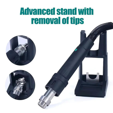 Close-up of 1000W Fast Desoldering Hot Air Gun Soldering Station with stand and tip removal feature for BGA rework.
