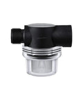 Water Pump Filter 50 Mesh Stainless Steel Screen 255213 with clear shell and black housing, side view.