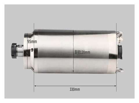 Rock Solid Heavy Duty Water Cooled Electric Spindle Motor For CNC Router And Milling Machines featuring precise measurements and metal casing.
