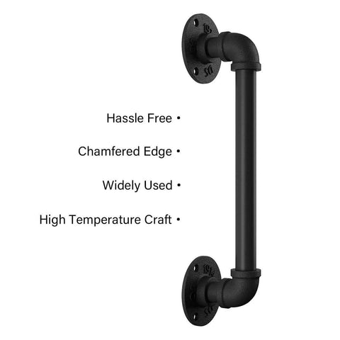 11 Inch Pipe Barn Door Handle Black Rustic Industrial Grab Bar Towel Bar Handrail And Pull For Stairs Gate And Garage Heavy Duty Cast Iron Durable With Round Base And Frosted Black Finish For Everyday Home Use, shown with chamfered edges and hassle-free design features.