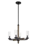 Alden 18 Inch 4 Light Modern Farmhouse Chandelier With Clear Cylinder Glass Shades Gray Oak Wood Finish And Black Accents