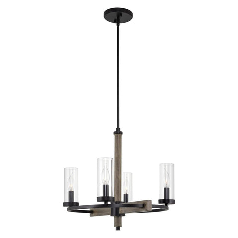 Alden 18 Inch 4 Light Modern Farmhouse Chandelier With Clear Cylinder Glass Shades Gray Oak Wood Finish And Black Accents