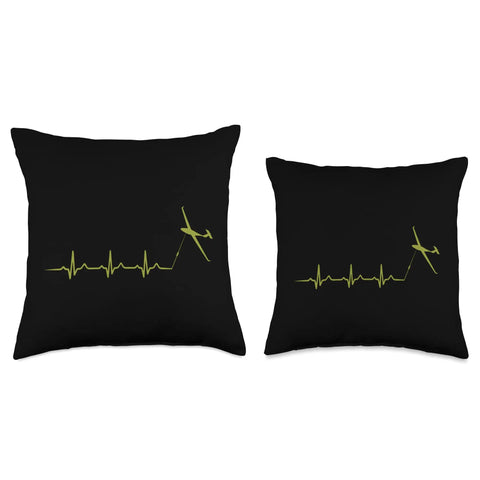 Airplane Lover Throw Pillow With Heartbeat Pulse Design For Pilots And Aviation Fans, two sizes, black with yellow print