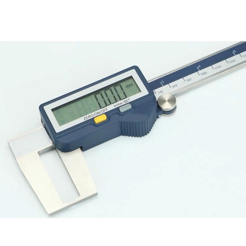Digital Outside Neck Caliper With Built In Wireless Data Transmission; Measures Grooves And Recesses In mm Or Inches; Stainless Steel, IP54 Rated, 6 Inch Capacity; Quick Device Sync For Precise, Pro Grade Machining Measurements, showing digital display in mm.