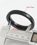 Close-up of Beefy Aluminum M48 To M42 Thread Adapter Ring 0.75mm with caliper showing M42 0.75mm internal thread measurement