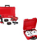 Heavy Duty Cordless Tool Combo Bundle Featuring Brushless Hammer Drill Driver And 28 Piece Hole Saw Step Bit Set in red case.