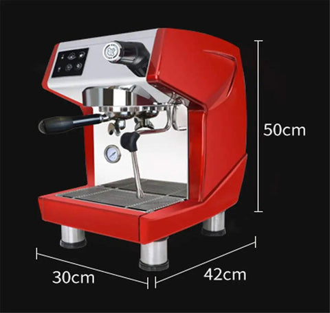 Red semi-automatic espresso machine with grinder for home and small shop, temperature control 92 to 96 Celsius, 30x42x50cm.