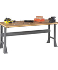 Heavy Duty Commercial Workbench With Flared Legs And 3600 Pound Capacity 8 Foot Garage Table featuring tools on the compressed wood top.