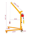 Heavy Duty Electric Lifting Hoist 500 Kg Capacity Foldable Garage Crane shown with dimensions and smooth rolling caster wheels.