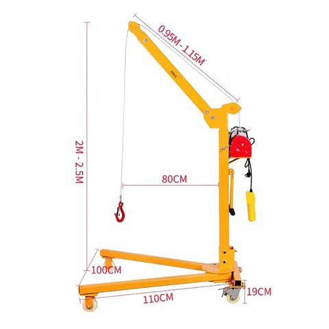 Heavy Duty Electric Lifting Hoist 500 Kg Capacity Foldable Garage Crane shown with dimensions and smooth rolling caster wheels.