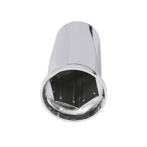 Front angle view of 33mm 3.25 Inch Height Chrome Plastic Lug Nut Cover for Semi Trucks Push On ABS Cap With Flange Anti Rust