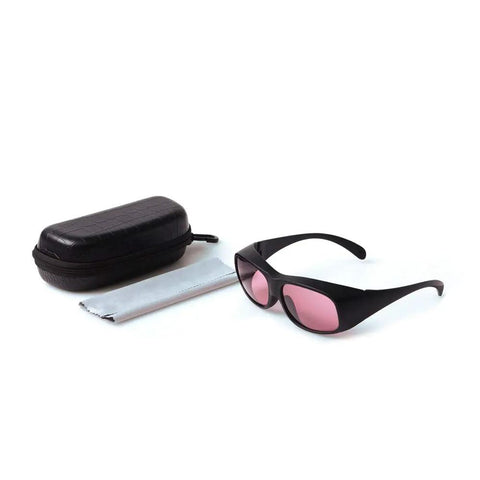Pro Grade 755nm And 808nm Laser Safety Glasses With Badass Eye Protection For Epilation Units And Clinical Lasers in a black case.