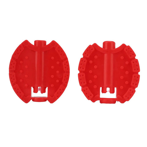 Two Pack Small Bike Pedals For Kids And Tricycles Red Plastic Front Wheel Foot Pedal Accessories Replacement For Mini Bicycles Measuring 6.8 By 6.5 Cm, showing a pair of red, plastic pedals