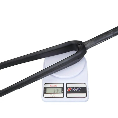 Carbon Road Bike Fork One One Eighth Inch Straight Steerer 9mm Quick Release Flat Mount Disc Compatible on scale showing 395g