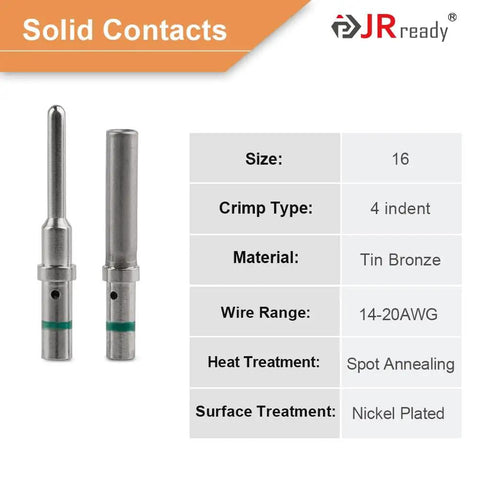 Solid contacts for 2 Pin Waterproof Deutsch Style Wire Connector Set, size 16, tin bronze, 14-20 AWG, nickel plated.