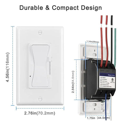 0-10V LED Dimmer Switch For Dimmable Lights with dimensions and wiring details, wall plate, ETL listed, 5-100% dimming