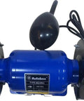 Tough As Nails Six Inch Bench Grinder With One Half Horsepower Motor And Dual Fine Coarse Grinding Wheels Paired With Led Light To Knock Out Rust, blue motor with grinding wheels.
