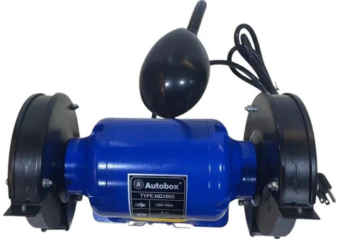 Tough As Nails Six Inch Bench Grinder With One Half Horsepower Motor And Dual Fine Coarse Grinding Wheels Paired With Led Light To Knock Out Rust, blue motor with grinding wheels.