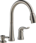 Rugged Brushed Nickel Kitchen Faucet With Butter Smooth Pull Down Spray And Built In Soap Dispenser Quick Fit Zero Sweat Two Hole Mount Single Handle Sink Fixture Leak Tight Seal Guard For Everyday Life Prep, featuring pull-down sprayer and soap dispenser.