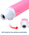 Close-up of Mini 300W Heat Gun with Stand in pink and white showing nozzle and holder angle.