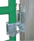 Real Deal Heavy Duty Two Way Gate Latch 5 Pack For Livestock And Ranch Fencing Fits One Sixty Eight To Two Inch Round Tube close-up view of steel latch on green post