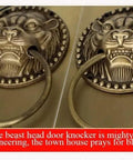 Beast head door knocker with lion design, brass material, two rings, decorative entry feature.