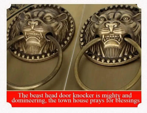 Beast head door knocker with lion design, brass material, two rings, decorative entry feature.