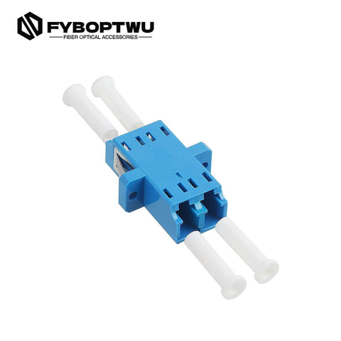 50-Pack LC to LC Duplex Fiber Optic Coupler Adapter for Singlemode Cables, showing blue adapter with zirconia ceramic ferrule