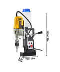 Heavy Duty Electric Magnetic Drill Press With Rock Solid Magnet Base Pro 1100 Watt Motor, 1.6 inch boring, tools on display.