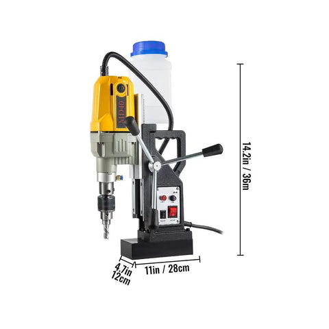 Heavy Duty Electric Magnetic Drill Press With Rock Solid Magnet Base Pro 1100 Watt Motor, 1.6 inch boring, tools on display.