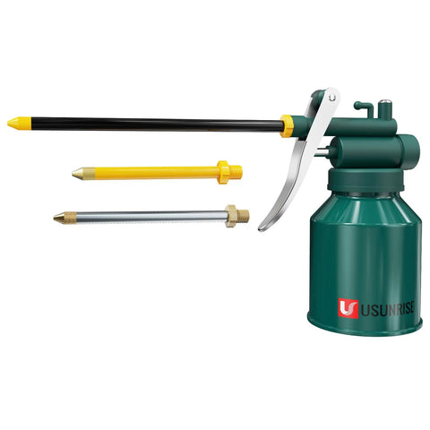 USUNRISE green metal oil can with lever pump and three spout tips (9-in flexible, 3-in straight) for precise lubrication.